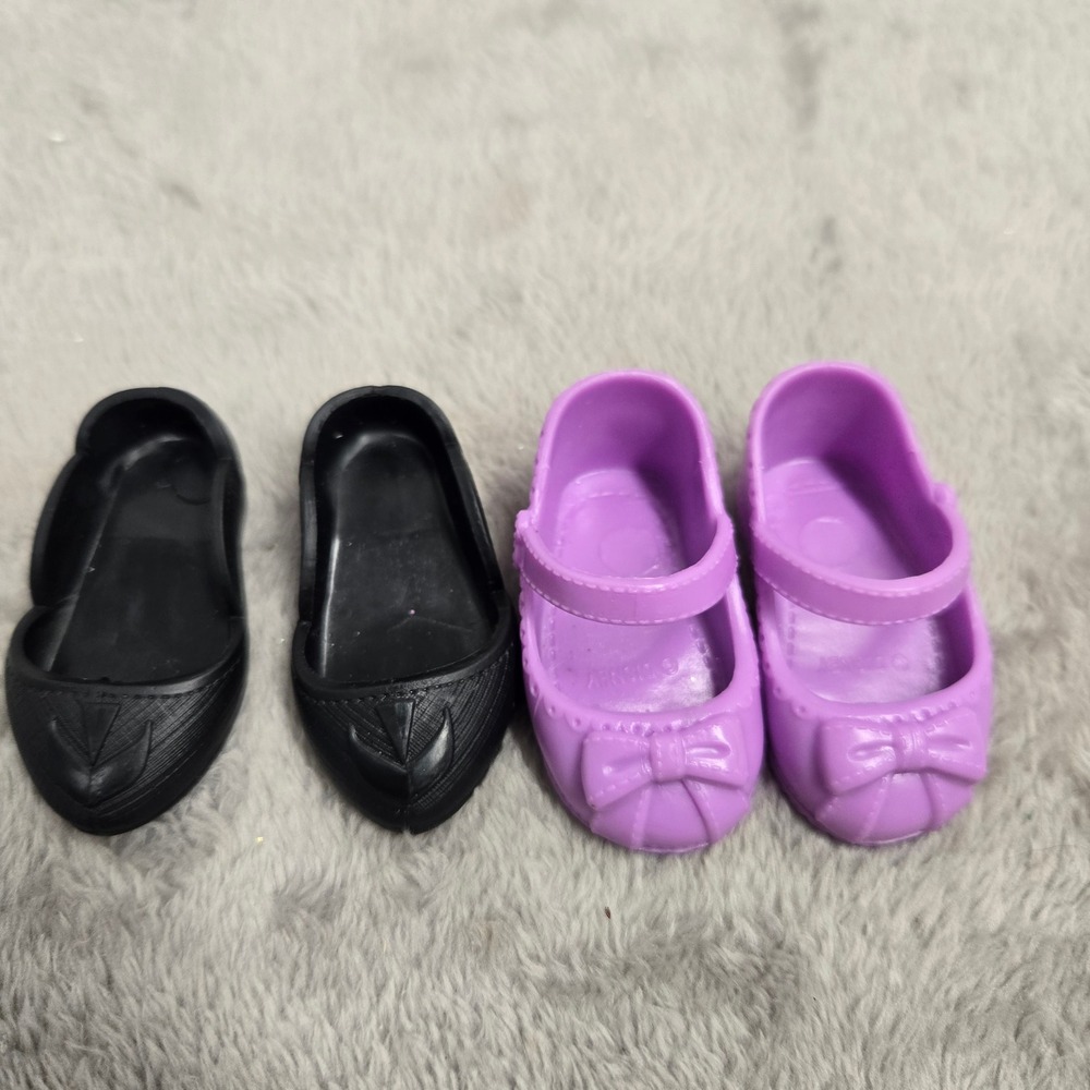 Disney Doll Shoes 2 Pair Set Purple Bow Mary Janes Black Pointed Toe Flats